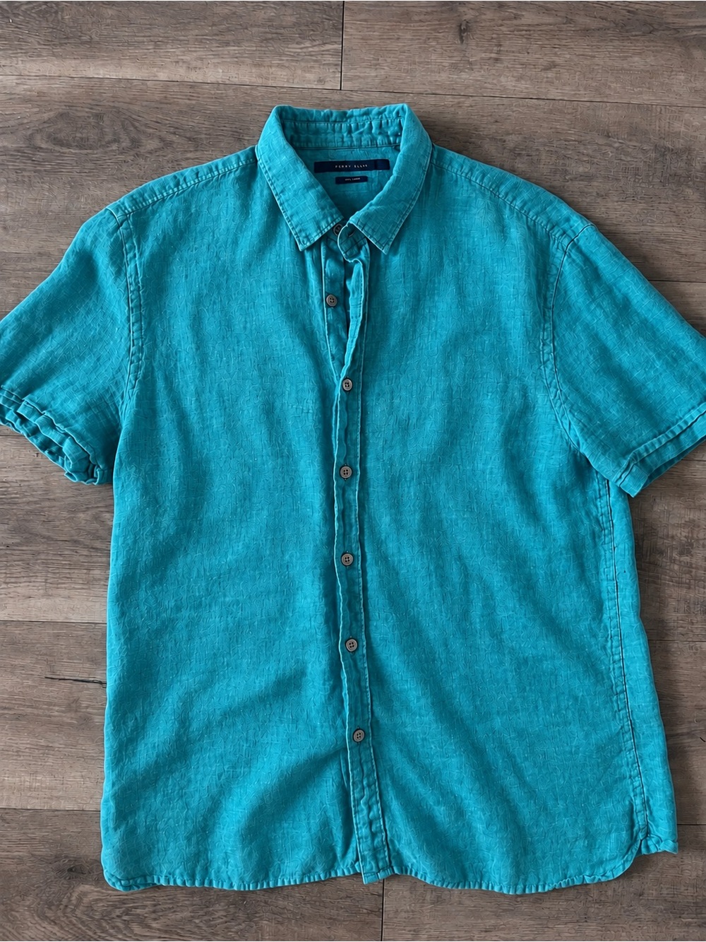 Perry Ellis Men's Teal Short-Sleeve 100% Linen Shirt size large